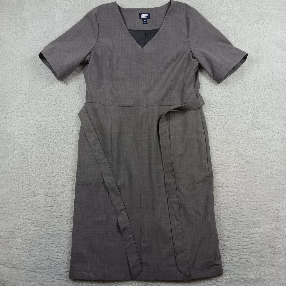 Lands' End Dress Sheath Woman 12T Gray Wool Blend V-Neck Belted Short Sleeve